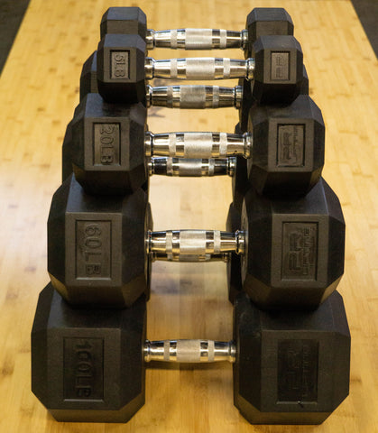 PR Rubber Hex Dumbbells (Sold in Pairs)